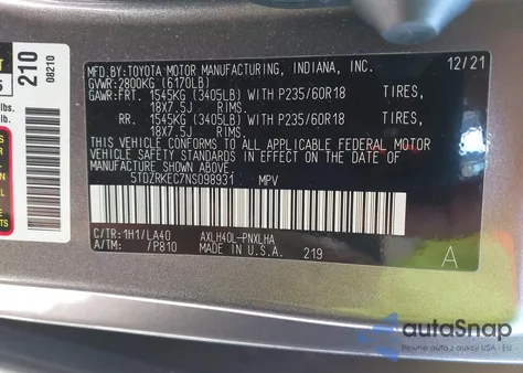 2022 Toyota Sienna Limited from USA, damaged, VIN 5TDZRKEC7NS098931